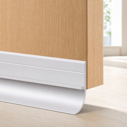 White no-drill adhesive door bottom seal installed on an oak door