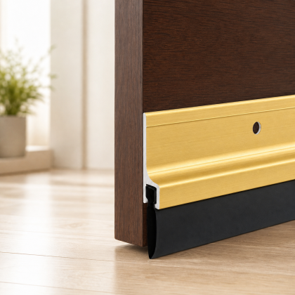 Gold aluminum door sweep with black flexible seal on a walnut door