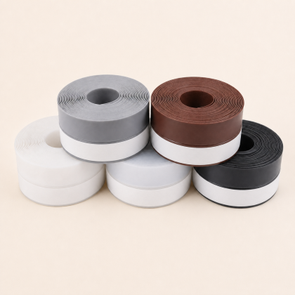 Five rolls of adhesive weatherstripping in neutral color options